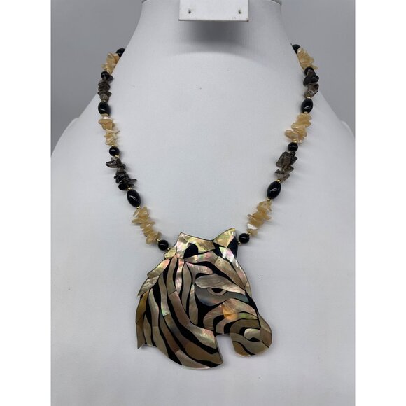 Zebra Pendant Necklace By Lee Sands With Mother Of Pearl Smokey Quartz 24" - Picture 1 of 9